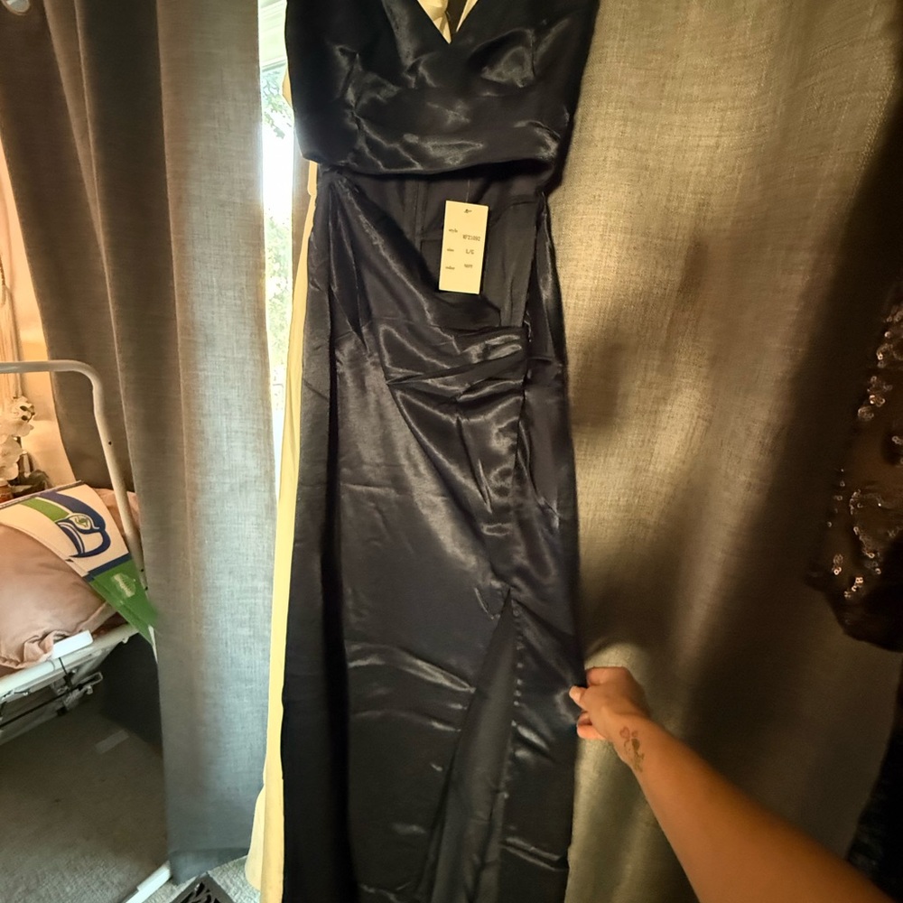 Elegant Navy Satin Evening Gown